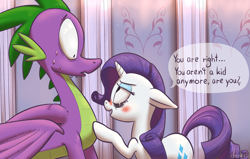 Size: 2987x1902 | Tagged: safe, artist:draneas, artist:vanripper, rarity, spike, dragon, pony, unicorn, fanfic:like fine wine, :o, bedroom eyes, blushing, colored, crying, dialogue, fanfic, fanfic art, female, flirting, floppy ears, imminent sex, male, mascara, older, older spike, running makeup, shipping, sparity, straight, sweat, wide eyes, winged spike