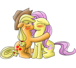 Size: 702x632 | Tagged: safe, artist:death-is-death, applejack, fluttershy, earth pony, pegasus, pony, appleshy, blushing, female, holding, kissing, lesbian, shipping