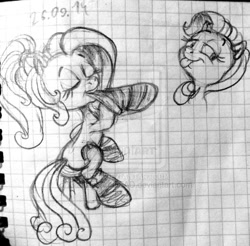 Size: 600x590 | Tagged: safe, artist:colossalstinker, derpibooru import, pinkie pie, rainbow dash, earth pony, pegasus, pony, g3.5, clothes, eyes closed, graph paper, lidded eyes, monochrome, rainbow dash always dresses in style, sitting, sketch, socks, stockings, stool, tongue out, traditional art, watermark