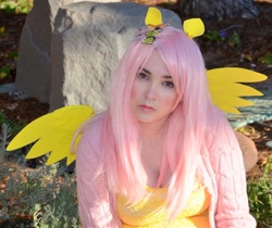 Size: 960x807 | Tagged: safe, artist:lochlan o'neil, fluttershy, human, cleavage, clothes, cosplay, female, irl, irl human, photo, solo, sweater, sweatershy