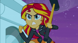 Size: 600x337 | Tagged: safe, screencap, sunset shimmer, equestria girls, equestria girls (movie), animated, clothes, female, gif, hammer, jacket, leather jacket, loop, pouting, skirt, sledgehammer, solo, worried