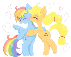 Size: 1447x1158 | Tagged: safe, artist:1drfl_world_end, derpibooru import, applejack, rainbow dash, earth pony, pegasus, pony, appledash, bipedal, blushing, eyes closed, female, heart, hug, kiss on the cheek, kissing, lesbian, looking at you, mare, one eye closed, shipping, simple background, white background, wink