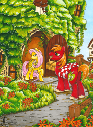 Size: 900x1221 | Tagged: safe, artist:fallenzephyr, big macintosh, fluttershy, pegasus, pony, bedroom eyes, blushing, door, flower, fluttermac, fluttershy's cottage, mouth hold, picnic, picnic basket, picnic blanket, shipping, straight, traditional art