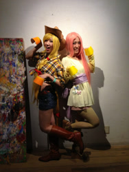 Size: 600x800 | Tagged: safe, applejack, fluttershy, human, clothes, cosplay, irl, irl human, japan, japanese, pantyhose, photo