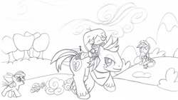 Size: 3100x1735 | Tagged: safe, artist:rmsaun98722, apple bloom, applejack, big macintosh, earth pony, pony, crossover, foster's home for imaginary friends, lineart, mac, male, monochrome, riding, stallion