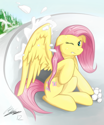 Size: 1600x1920 | Tagged: safe, artist:ruby, fluttershy, pegasus, pony, snow, snowball, snowball fight, solo