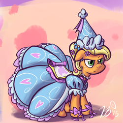 Size: 750x750 | Tagged: safe, artist:flavinbagel, applejack, earth pony, pony, look before you sleep, clothes, dress, froufrou glittery lacy outfit, hennin, solo