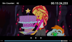Size: 1024x600 | Tagged: safe, edit, edited screencap, screencap, snips, sunset shimmer, equestria girls, legend of everfree, book, cake, camp everfree outfits, cinemare sins, crystal gala, eyes closed, food, fuck logic, laughing, legend you were meant to be, wand