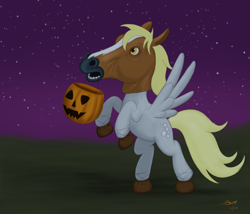 Size: 1472x1259 | Tagged: safe, artist:rainbow-dosh, derpy hooves, pegasus, pony, clothes, coconut, costume, female, hoers mask, mare, pumpkin bucket, solo