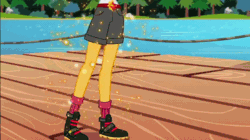 Size: 600x337 | Tagged: safe, screencap, sunset shimmer, equestria girls, legend of everfree, animated, beautiful, boots, camp everfree outfits, clothes, embrace the magic, eyes closed, female, gif, loop, mountain, mountain range, pier, river, rock, shorts, socks, solo, sun, tree
