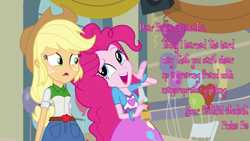 Size: 1280x720 | Tagged: safe, edit, edited screencap, screencap, applejack, pinkie pie, equestria girls, equestria girls (movie), cards against equestria girls, duo, image macro, pink text