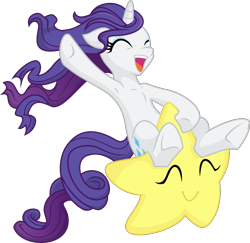 Size: 3083x3000 | Tagged: safe, artist:katequantum, artist:kp-shadowsquirrel, rarity, pony, unicorn, armpits, cute, eyes closed, loose hair, raribetes, riding, simple background, solo, stars, super star, tangible heavenly object, transparent background, underhoof, vector, wat