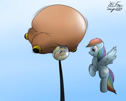 Size: 1280x1036 | Tagged: safe, artist:the-furry-railfan, derpibooru import, applejack, rainbow dash, earth pony, pegasus, pony, appleblimp, boots, diving suit, floating, flying, helmet, hose, inflation, sabotage, sky, this ended in balloons