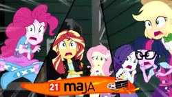 Size: 1280x720 | Tagged: safe, screencap, applejack, fluttershy, pinkie pie, rarity, sci-twi, spike, spike the regular dog, sunset shimmer, twilight sparkle, dog, equestria girls, movie magic, spoiler:eqg specials, belt, boots, bowtie, bracelet, clapboard, clothes, cowboy hat, freckles, glasses, hat, high heel boots, jacket, jewelry, leather jacket, open mouth, polish, ponytail, scared, skirt, stetson