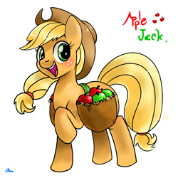 Size: 2300x2300 | Tagged: safe, artist:renokim, applejack, earth pony, pony, apple, happy, open mouth, raised hoof, saddle bag, simple background, solo