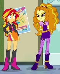 Size: 443x541 | Tagged: safe, screencap, adagio dazzle, sunset shimmer, equestria girls, rainbow rocks, boots, clothes, cropped, door, electric guitar, guitar, hands behind back, high heel boots, jacket, jewelry, leather jacket, looking at each other, music notes, pendant, poster, skirt, spikes
