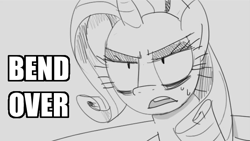 Size: 673x379 | Tagged: safe, artist:vanripper, rarity, pony, unicorn, fanfic:like fine wine, bend over, fanfic, monochrome, reaction image, simple background, solo, text