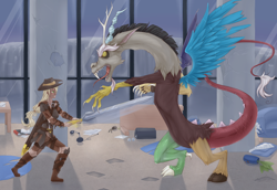 Size: 5100x3500 | Tagged: safe, artist:missangest, applejack, discord, fanfic, fight, humanized, scar, sword