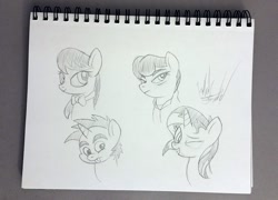 Size: 1300x935 | Tagged: safe, artist:fuzon-s, octavia melody, snips, sunset shimmer, earth pony, pony, asako kishi, bust, iron chef, one eye closed, pencil drawing, ponified, request, sketch, traditional art, wink