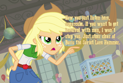 Size: 1280x867 | Tagged: safe, edit, edited screencap, screencap, applejack, equestria girls, equestria girls (movie), boris the soviet love hammer, image macro, solo