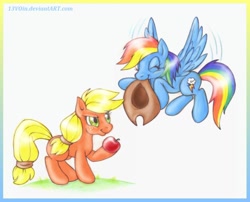 Size: 900x728 | Tagged: safe, artist:13voin, derpibooru import, applejack, rainbow dash, earth pony, pegasus, pony, apple