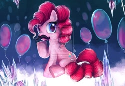 Size: 1024x703 | Tagged: safe, artist:r0b0tassassin, pinkie pie, earth pony, pony, balloon, moustache, solo