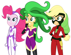 Size: 4452x3432 | Tagged: safe, artist:remcmaximus, applejack, fili-second, mane-iac, mistress marevelous, pinkie pie, sunset shimmer, equestria girls, movie magic, spoiler:eqg specials, absurd resolution, clothes, cosplay, costume, power ponies, simple background, transparent background, vector, wig