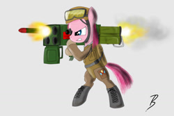 Size: 1500x1000 | Tagged: safe, artist:pandramodo, pinkie pie, pony, bipedal, m202 flash, missile, pinkamena diane pie, rocket launcher, solo