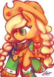 Size: 620x876 | Tagged: safe, artist:scarlet-songstress, applejack, earth pony, pony, clothes, dress, gala dress, looking back, solo