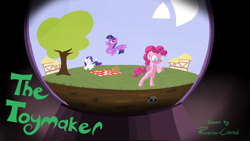 Size: 1280x720 | Tagged: safe, artist:phoenix-conrad, derpibooru import, pinkie pie, rarity, twilight sparkle, twilight sparkle (alicorn), alicorn, earth pony, pony, unicorn, friendship is witchcraft, crystal ball, female, mare, picnic, trapped