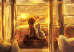 Size: 2000x1400 | Tagged: safe, artist:aquagalaxy, derpy hooves, doctor whooves, earth pony, pegasus, pony, duo, sunset, train