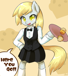 Size: 800x900 | Tagged: safe, artist:dobado, derpy hooves, pony, semi-anthro, bipedal, muffin, pixiv, solo, waitress