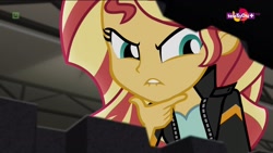 Size: 1920x1080 | Tagged: safe, screencap, sunset shimmer, equestria girls, movie magic, spoiler:eqg specials, clothes, jacket, leather jacket, lip bite, teletoon