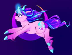 Size: 900x683 | Tagged: safe, artist:skel0sbadlands, starlight glimmer, pony, unicorn, female, frown, glowing horn, mare, purple background, simple background, solo, unshorn fetlocks