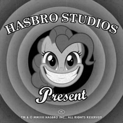Size: 900x900 | Tagged: safe, pinkie pie, earth pony, pony, black and white, face, film grain, grayscale, looney tunes, monochrome, old, old timey, opening, retro, smile hd, smiling, solo, title card, vintage