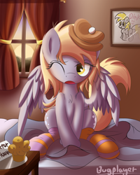 Size: 2000x2500 | Tagged: safe, artist:bugplayer, derpy hooves, pegasus, pony, bed mane, both cutie marks, breakfast in bed, clothes, female, hat, mare, morning ponies, muffin, socks, solo, striped socks