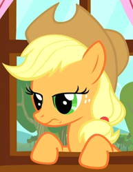 Size: 590x766 | Tagged: safe, screencap, applejack, earth pony, pony, female, mare, solo, window