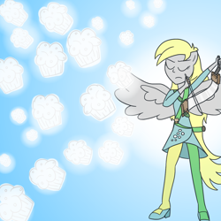 Size: 1100x1100 | Tagged: safe, artist:varemia, derpy hooves, equestria girls, rainbow rocks, bow (instrument), clothes, magic, muffin, musical instrument, musical saw, pantyhose, ponied up, saw, solo