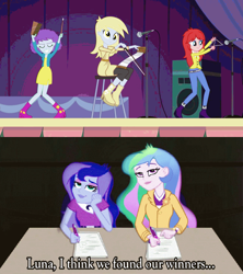 Size: 1280x1440 | Tagged: safe, blueberry pie, derpy hooves, princess celestia, princess luna, principal celestia, raspberry fluff, vice principal luna, equestria girls, rainbow rocks, background human, battle of the bands, cowbell, judges, musical instrument, musical saw, principal-vice principal judges you, triangle