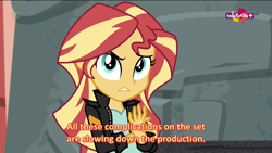 Size: 1600x900 | Tagged: safe, screencap, sunset shimmer, equestria girls, movie magic, spoiler:eqg specials, clothes, jacket, leather jacket, link in description, looking at you, solo, subtitles