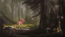 Size: 1321x749 | Tagged: artist needed, safe, pinkie pie, earth pony, pony, dark, forest, glow, mushroom, scenery, solo, tail wag