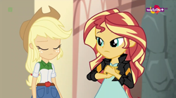 Size: 1366x765 | Tagged: safe, screencap, applejack, sunset shimmer, equestria girls, movie magic, spoiler:eqg specials, clothes, duo, eyes closed, india movie set, jacket, leather jacket, teletoon