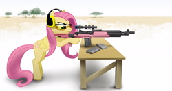 Size: 3307x1764 | Tagged: safe, artist:vombavr, fluttershy, pegasus, pony, glasses, goggles, gun, larue tactical, m14, m14 ebr, picatinny rail, rifle, safety goggles, snipershy, solo, table, tree, weapon