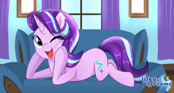 Size: 2500x1338 | Tagged: safe, artist:xwhitedreamsx, starlight glimmer, pony, unicorn, cute, female, glimmerbetes, looking at you, mare, one eye closed, open mouth, prone, smiling, sofa, solo, tongue out, wink