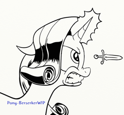 Size: 599x556 | Tagged: safe, artist:pony-berserker, rarity, pony, unicorn, angry, dagger, female, i can't believe it's not idw, lineart, mare, monochrome, solo, wip