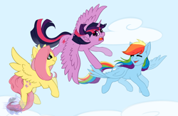 Size: 2000x1300 | Tagged: safe, artist:flysouldragon, derpibooru import, fluttershy, rainbow dash, twilight sparkle, twilight sparkle (alicorn), alicorn, pegasus, pony, cloud, female, first flight, flying, flying lesson, horn, mare, sky, spread wings, wings