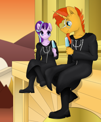 Size: 1024x1229 | Tagged: safe, artist:zeronitroman, starlight glimmer, sunburst, anthro, ear fluff, female, food, ice cream, kingdom hearts, male, organization xiii, sea salt ice cream, shipping, smiling, starburst, straight