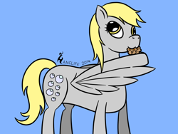 Size: 960x720 | Tagged: safe, artist:zanclife, derpy hooves, pegasus, pony, female, mare, muffin, nom, simple background, solo, wing hands