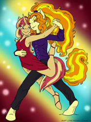 Size: 899x1200 | Tagged: safe, artist:kaemantis, adagio dazzle, sunset shimmer, anthro, earth pony, unguligrade anthro, unicorn, armpits, blushing, clothes, dancing, dress, female, lesbian, mare, red dress, shipping, smiling, sunsagio