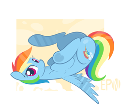 Size: 3449x3101 | Tagged: safe, artist:b-epon, derpibooru import, rainbow dash, pegasus, pony, ass up, female, frog (hoof), looking at you, mare, on back, plot, smiling, solo, spread wings, underhoof, wings